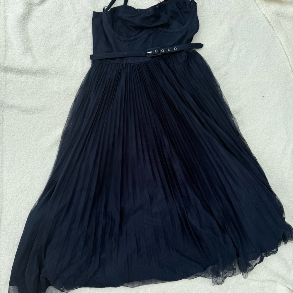 Hutch Navy Belted Pleated Midi Dress